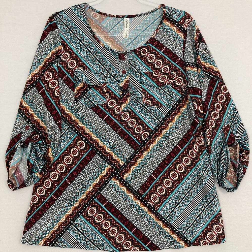 PerSeption Concept Brown Blue Geometric Print Stretch Rolled Hem Popover Top XL